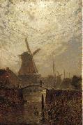 Walter Moras A figure crossing a bridge over a Dutch waterway by moonlight Spain oil painting artist